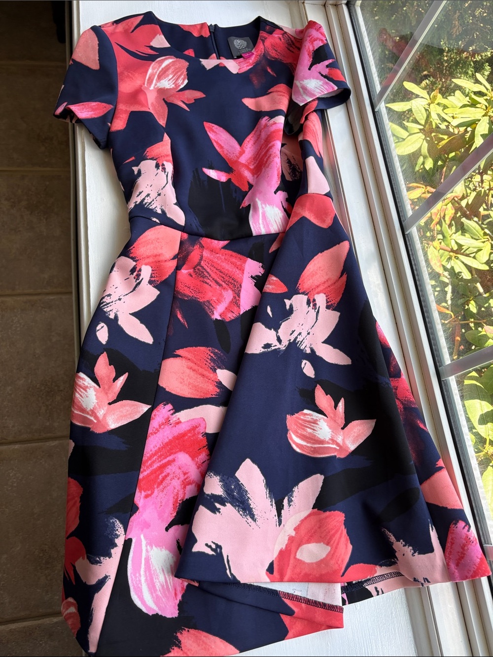 Vince Camuto Navy Midi Dress with Pink and Coral Floral Print